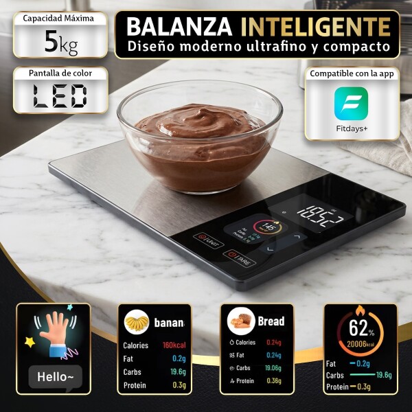 Balanza Inteligente De Cocina Digital con Precision 1g y Medicion Peso hasta 5kg Balanza Inteligente De Cocina Digital con Precision 1g y Medicion Peso hasta 5kg