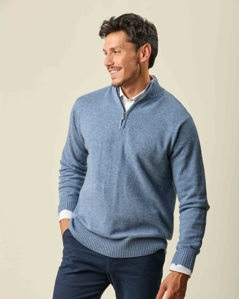 Buzo Lambswool Medio Cierre Celeste