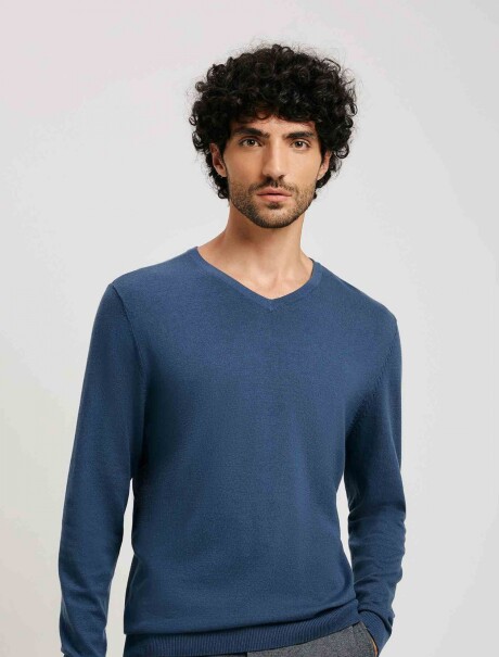 BUZO MASCULINO TEJIDO ESCOTE V AZUL