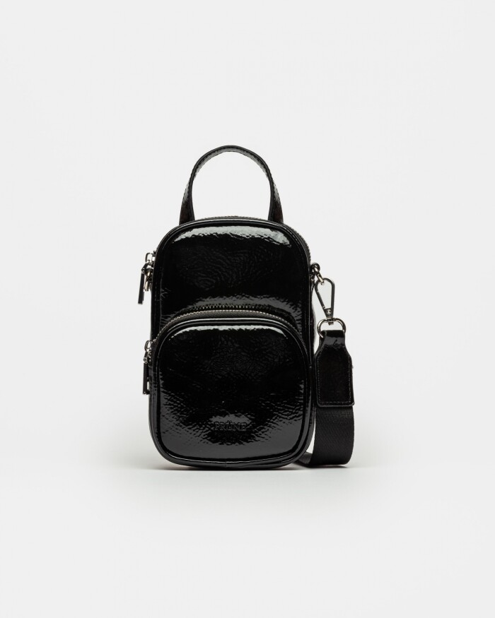 Porta Celular Baby Donna En Efecto Cuero Charol Arrugado Negro