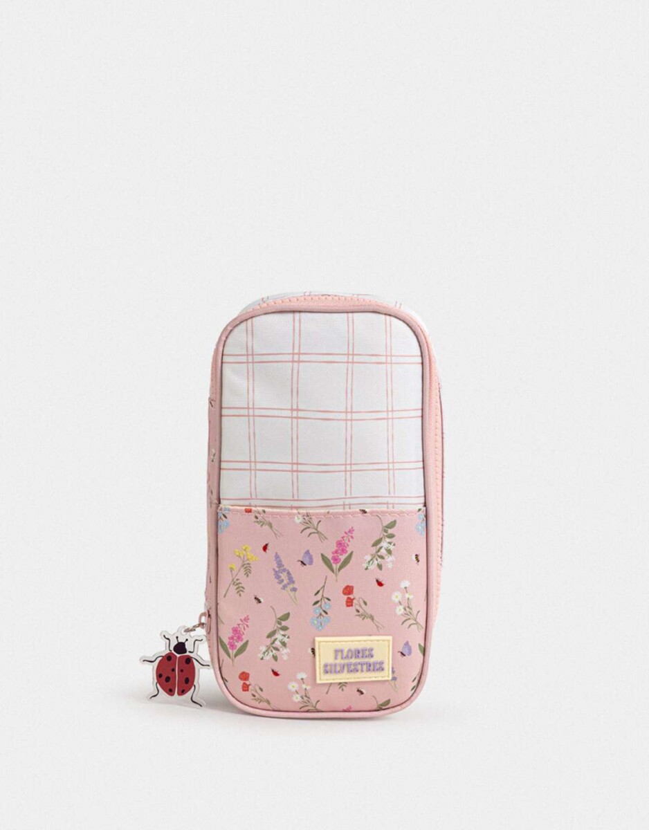 Cartuchera De Canvas Estampada Con Bolsillo Y Divisiones - Blanco Crema 