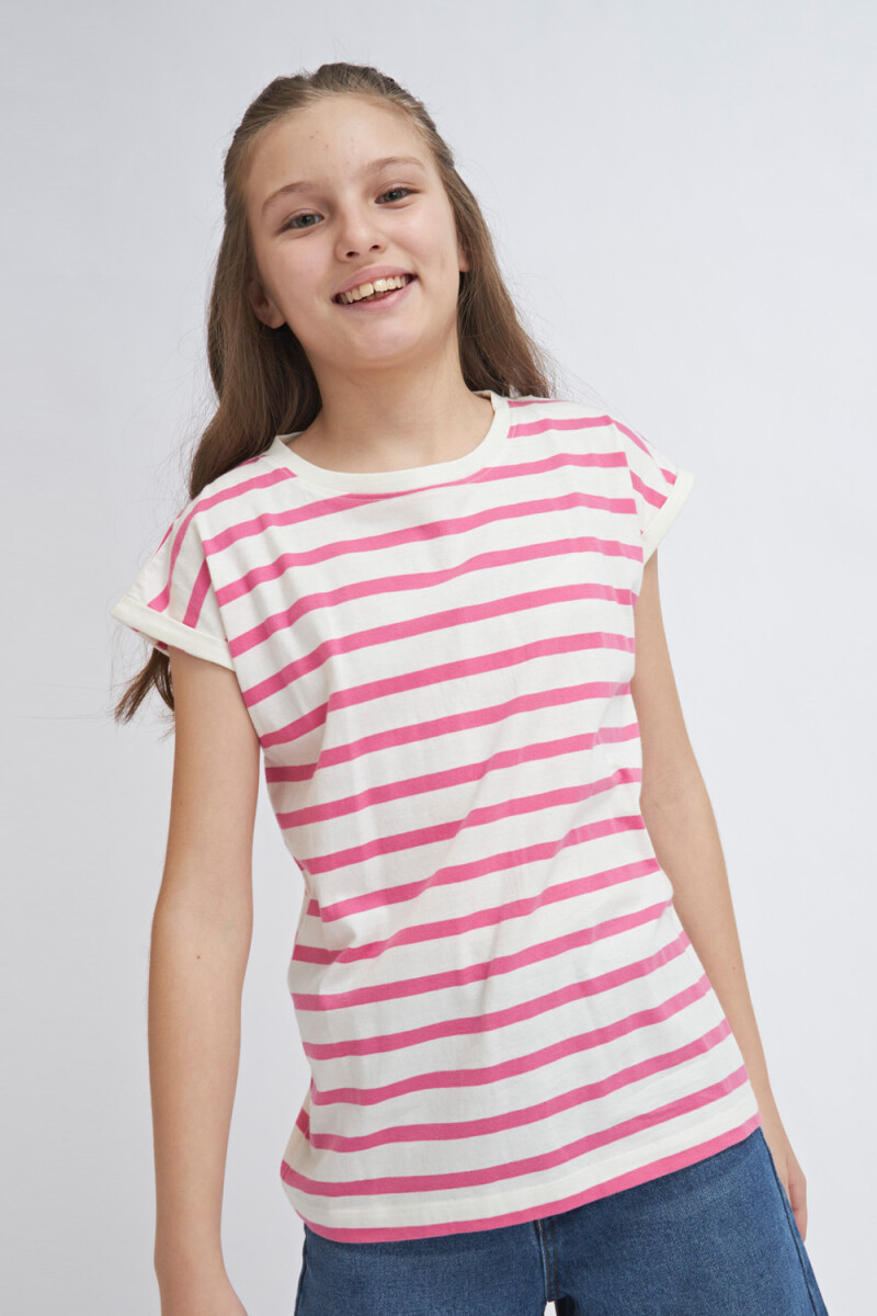 Camiseta manga corta rayada Fucsia