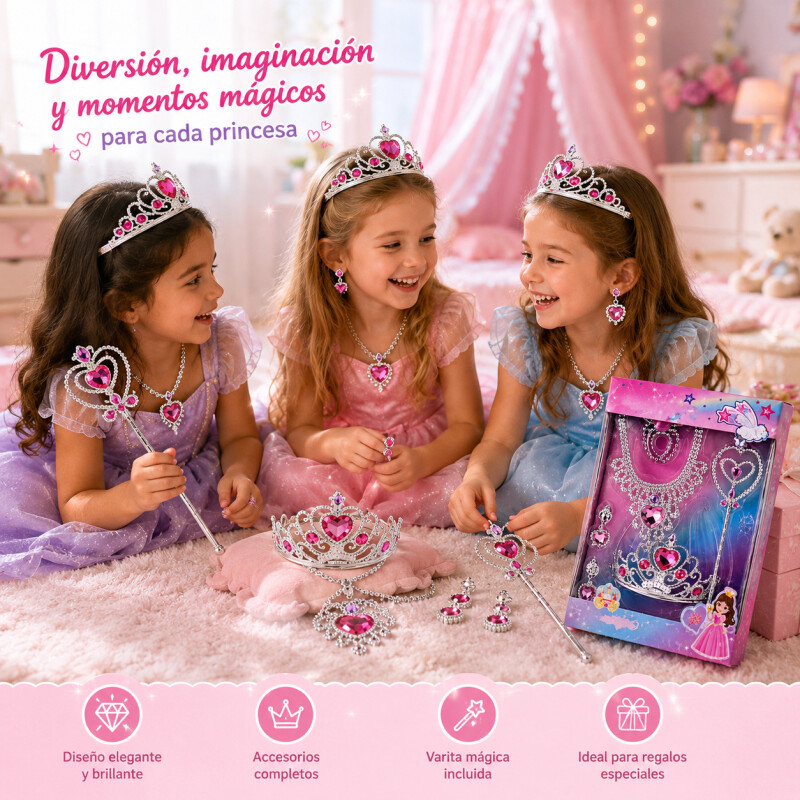 Set Joyas Princesa Niña Corona Collar Varita Regalo Infantil Set Joyas Princesa Niña Corona Collar Varita Regalo Infantil