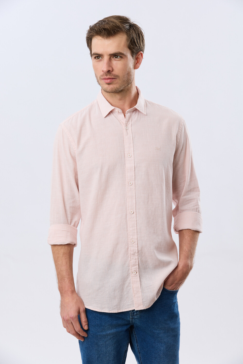 CAMISA DE LINO RAYADA Rosa