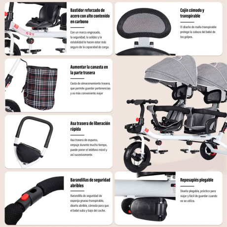 Coche Triciclo Doble Toldo Anti UV Asiento Giratorio Gris Claro