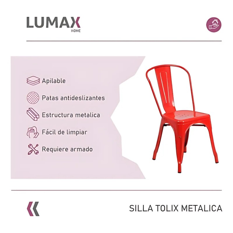 Pack 4 Sillas Tolix Lumax Metálicas Para Comedor Y Cocina Diseño Retro Resistente Rojo