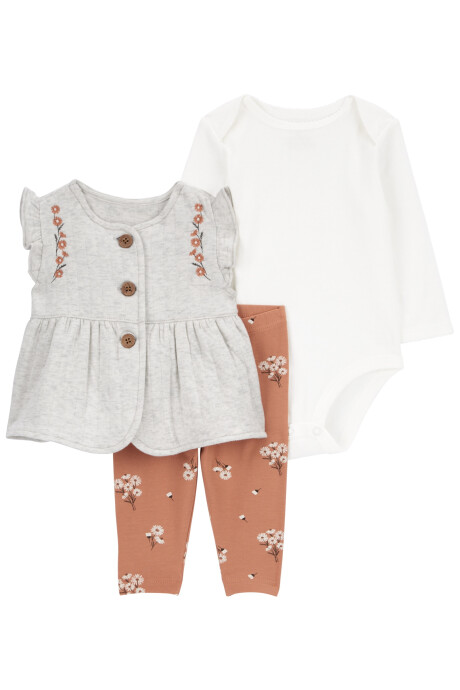 Set tres piezas de algodón, chaleco capitoneado, pantalón y body, diseño floral Set tres piezas de algodón, chaleco capitoneado, pantalón y body, diseño floral