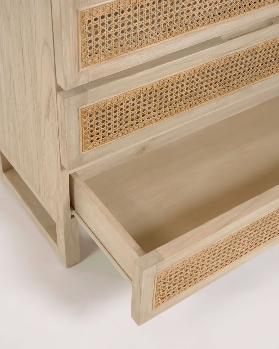 Cómoda Rexit 4 cajones madera maciza y chapa mindi con ratán 90 x 93 cm Cómoda Rexit 4 cajones madera maciza y chapa mindi con ratán 90 x 93 cm