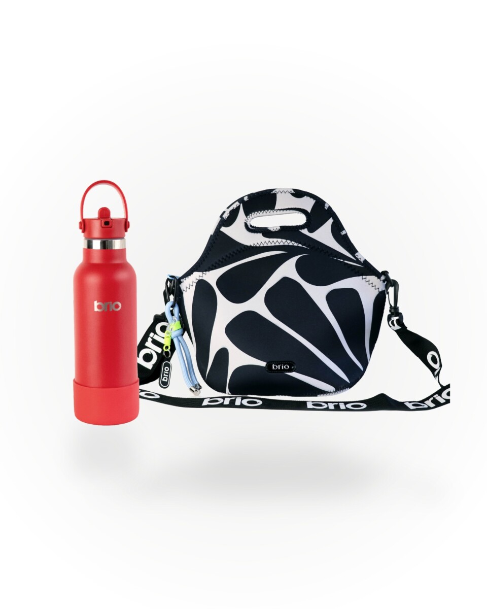 Set de lunchera Big de neopreno con correa ajustable y botella de acero inoxidable 500ml brio - set onda/rojo 