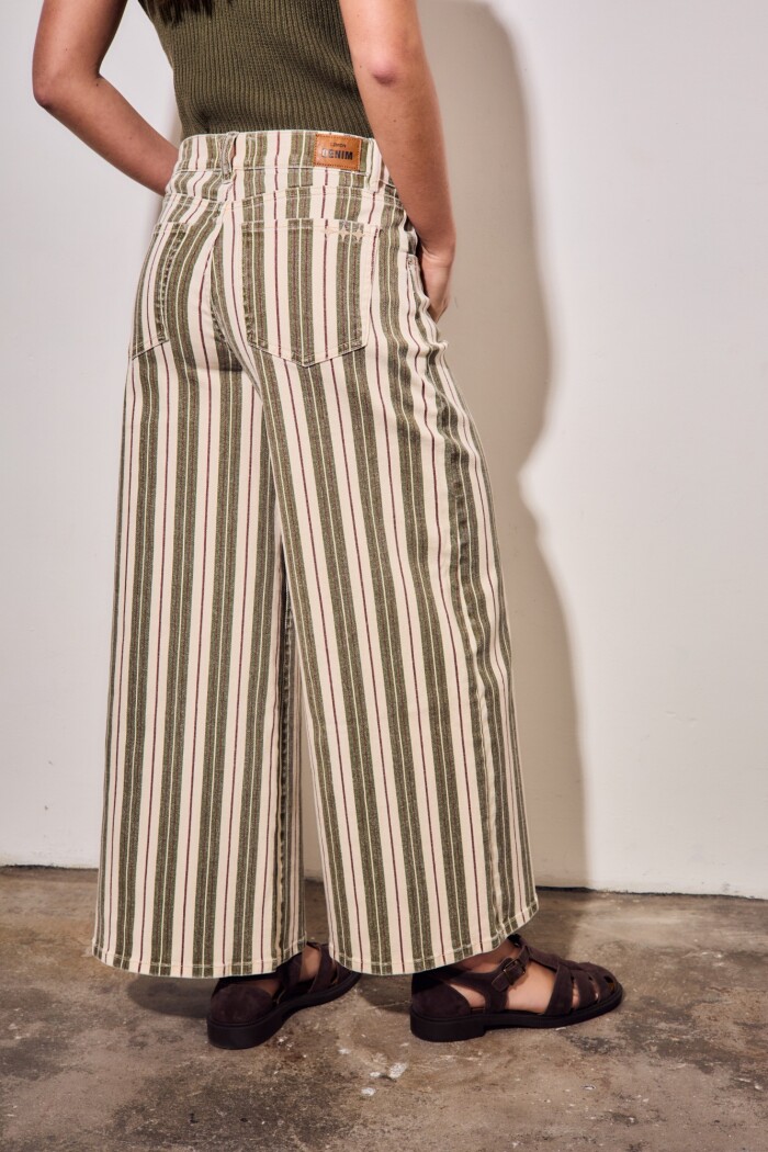 Jean Wide Leg Rayado Oliva Y Crema