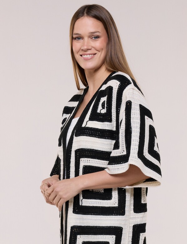 Cardigan Largo Crochet Mangas Kimono NEGRO