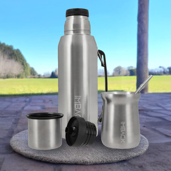 Set Termo de Acero Inoxidable Doble Capa y Doble Pico de 1 litro Color Plata + Mate + Bombilla Set Termo de Acero Inoxidable Doble Capa y Doble Pico de 1 litro Color Plata + Mate + Bombilla
