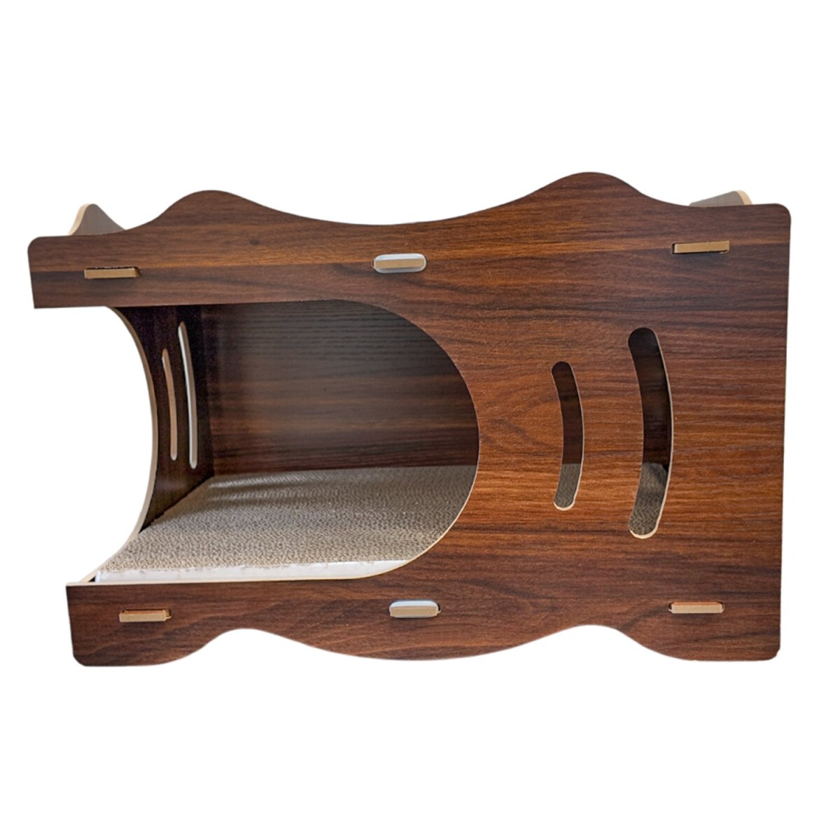 Casa Gatos Cama Cucha Cueva Madera MDF Rascador Corrugado - Variante Color Madera Oscuro 