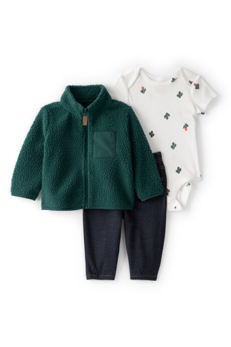 Set tres piezas, campera de sherpa, pantalón jean y body de algodón Sin color