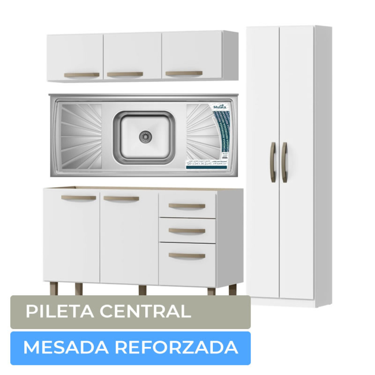 Combo de Cocina Bajo Mesada 3 Puertas + Pileta Reforzada con Hormigón + Aéreo 3 Puertas + Mueble Multiusos 2 Puertas - Blanco 