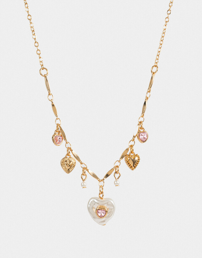 Collares Cortos Con perlas Collar Corto Multi Dije Con Perla - Dorado