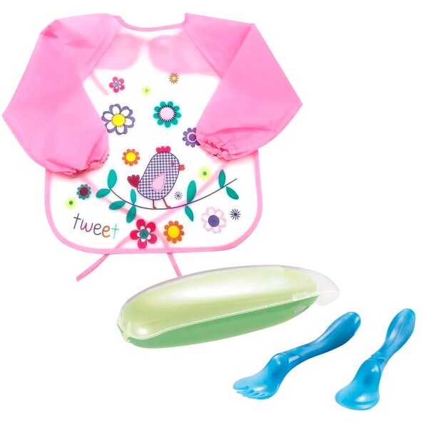 Kit Babero Delantal Bebé Mangas Cubiertos Estuche Infantil Color Variante Pajaro