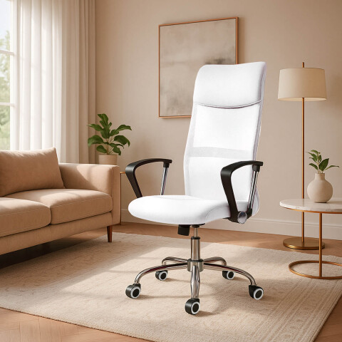 Silla De Escritorio Oficina Sillon Ejecutiva Ergonomica Tapizado Tela Mesh Con Cuero Sintetico Imback Color Blanco Silla De Escritorio Oficina Sillon Ejecutiva Ergonomica Tapizado Tela Mesh Con Cuero Sintetico Imback Color Blanco