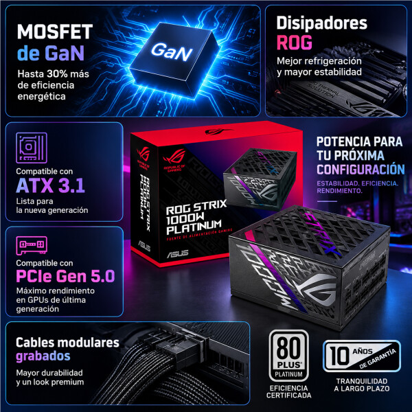 Fuente Asus Rog Strix 1000p Gaming 1000w 80 Plus Platinum Atx 3.1 FUENTE ASUS ROG STRIX 1000P 1000W 80 PLA
