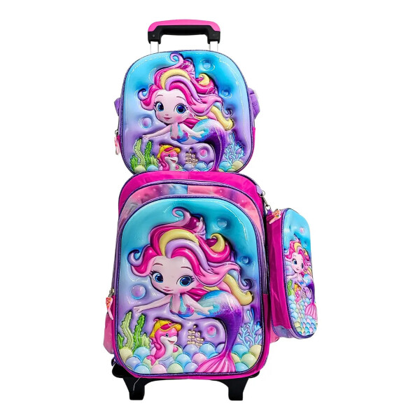 Mochila con carrito, lonchera y cartuchera. Sirena