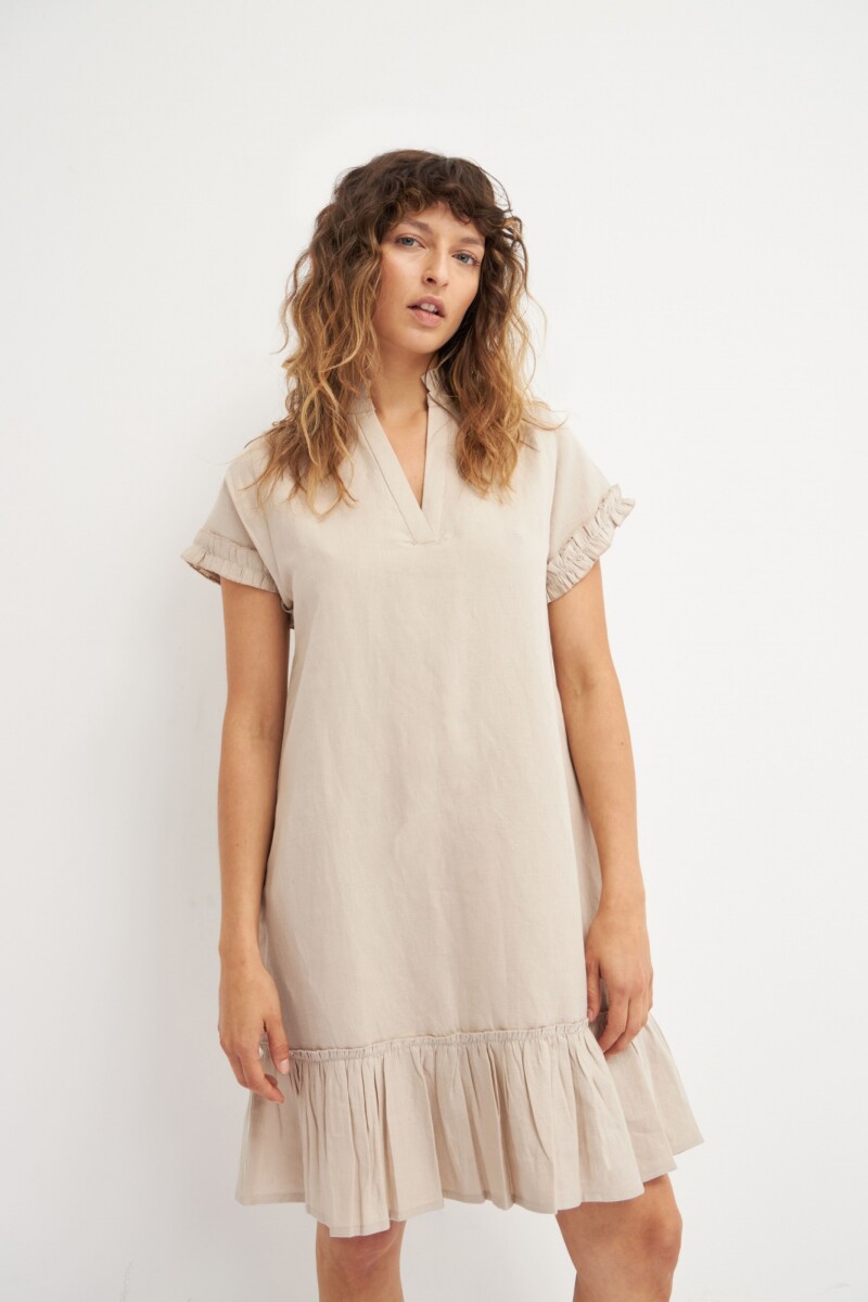 Vestido de lino manga corta con volados beige melange