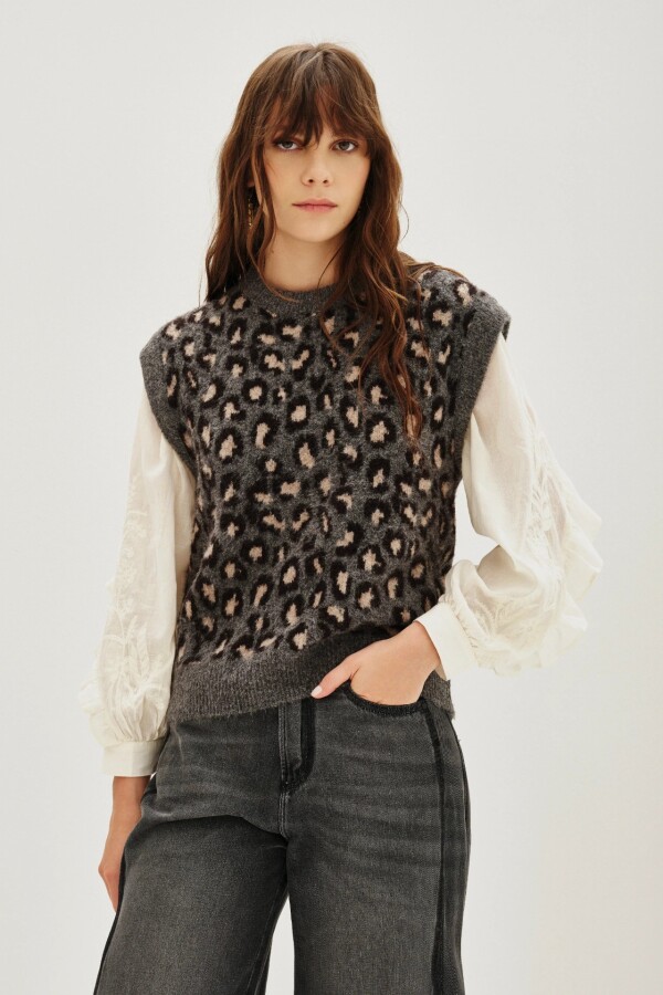 Chaleco Animal Leopard Gris Oscuro