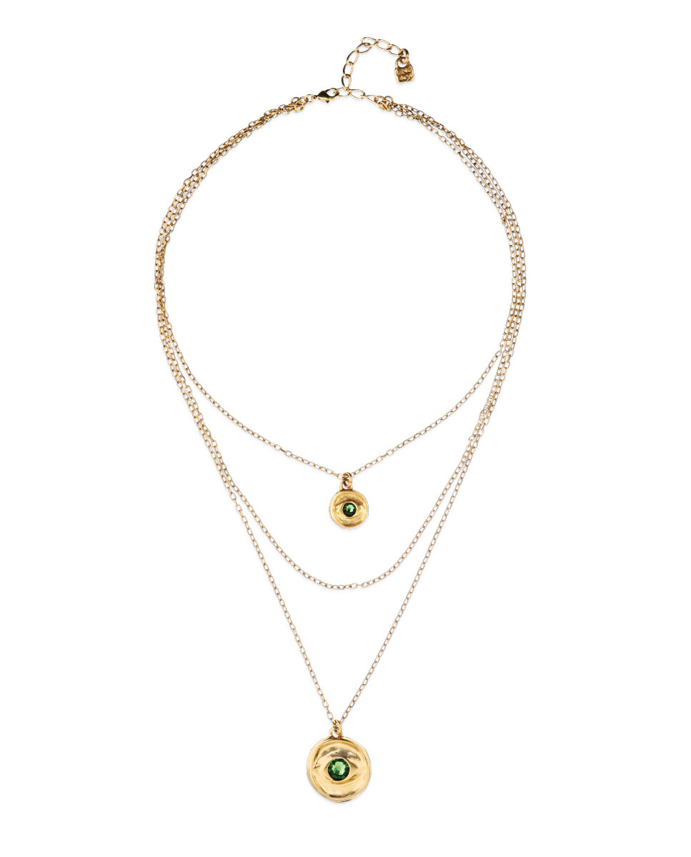 COLLAR TRIPLE EN ALEACIÓN DE METALES BAÑADO EN ORO DE 18K CON 2 CHARMS DE OJO Y CRISTAL FACETADO VERDE - Colgante 