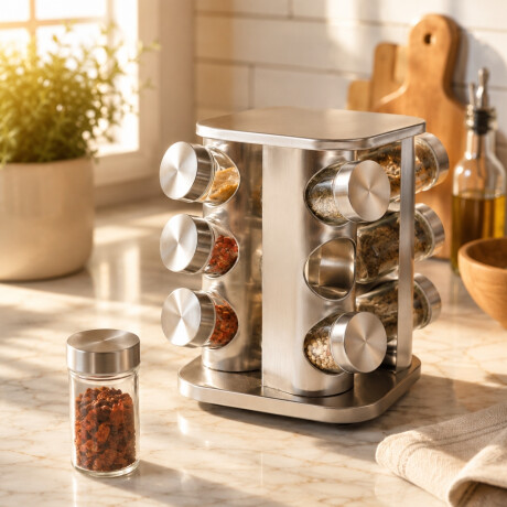 Especiero cuadrado giratorio 12 frascos INOX PLATEADO