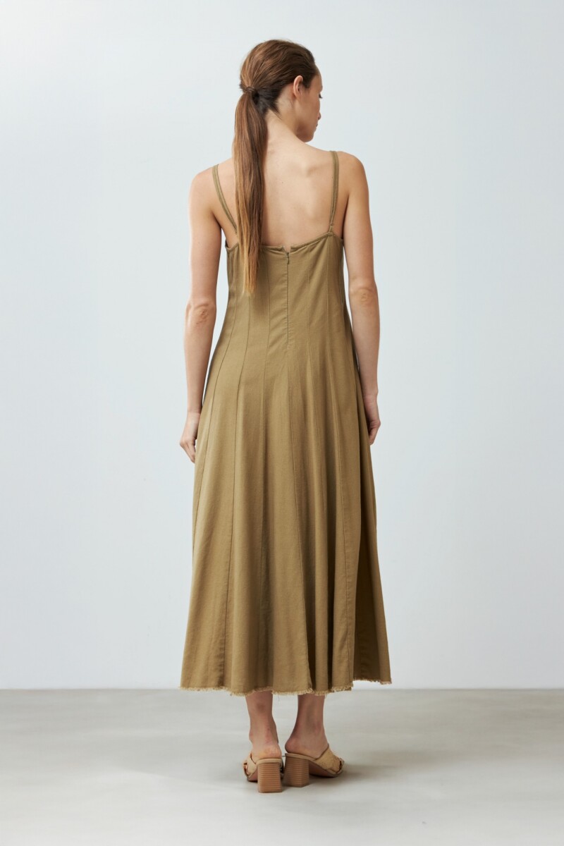 Vestido de lino bretel fino con cortes verde oliva