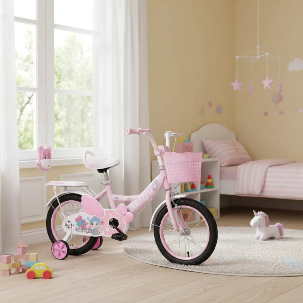 Bicicleta rodado 16 con rueditas, canasto y asiento trasero. Rosa