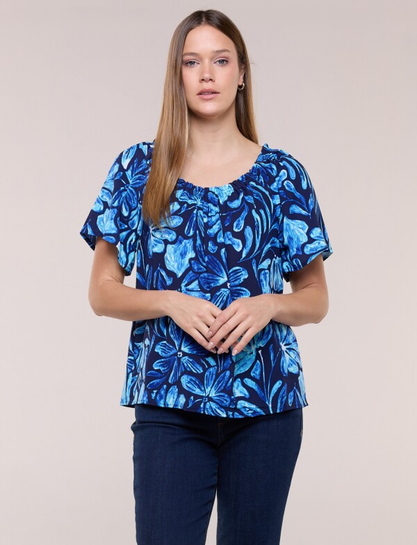Blusa Holgada Escote Redondo Elastizado AZUL/MULTI