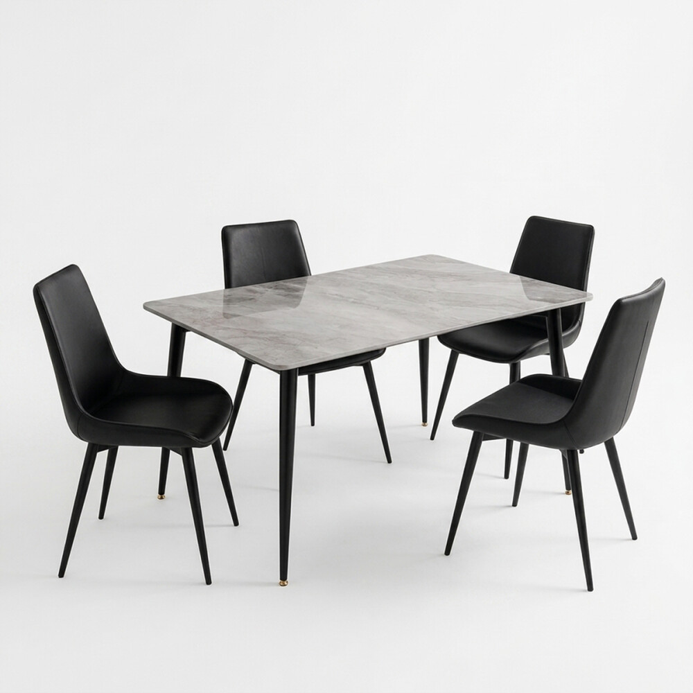 Juego De Comedor Mesa vidrio Símil Mármol + 4 Sillas Ecocuero Mesa gris + 4 sillas negras