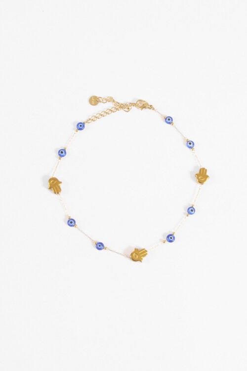 Tobillera acero ojitos hamsa resina dorado
