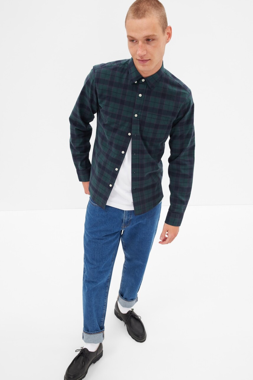 Camisa Strecht Poplin Hombre Green Navy Plaid