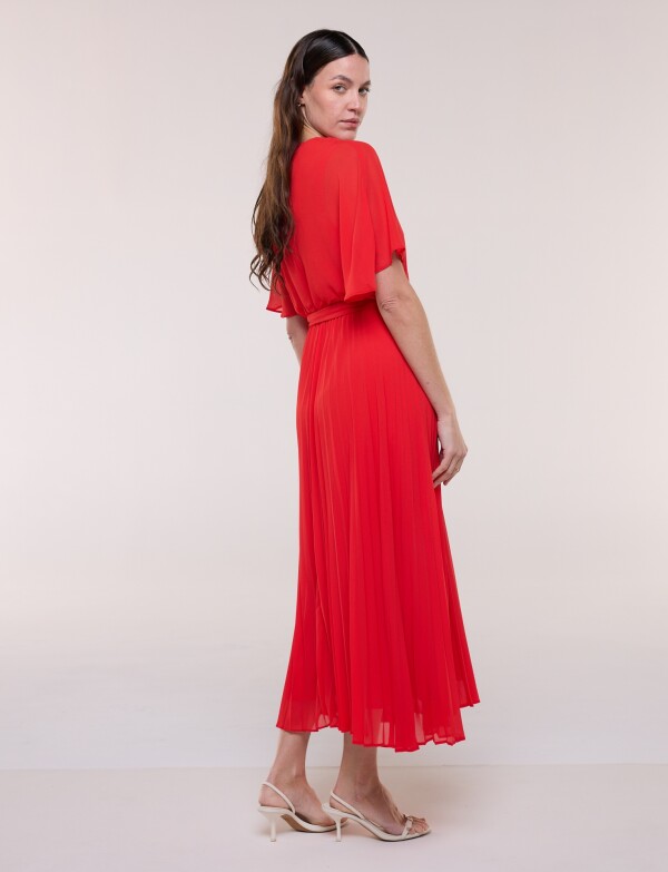 Vestido Noche Plisado Lazo ROJO