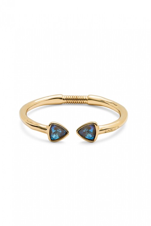 PULSERA RÍGIDA FINA DE ALEACIÓN DE METALES BAÑADA EN ORO 18K CON DOS CRISTALES FACETADOS MULTICOLOR Pulsera
