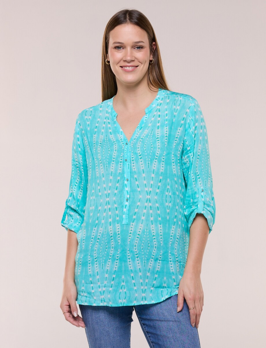 Blusa Estampada Con Escote En V Y Botones - Verde Agua 