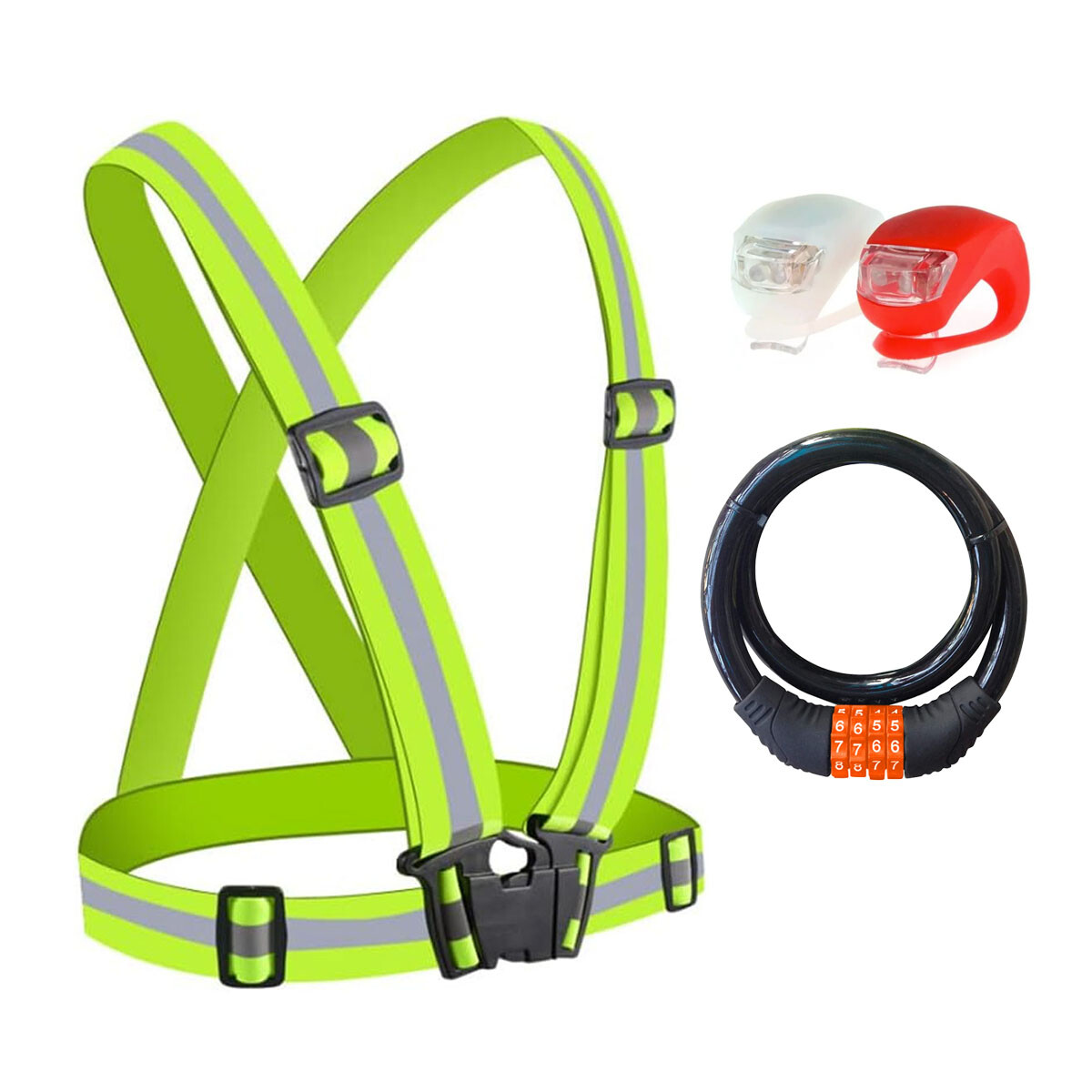 Set Bicicleta Chaleco Cinta Reflectiva + 2 Luces Led + Linga - Amarillo 