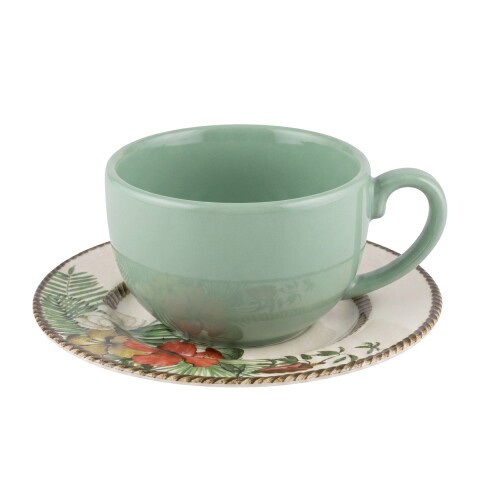 TAZA VERDE C/PLATITO DIS FLOR TROPICOS P/TE 250ML Unica