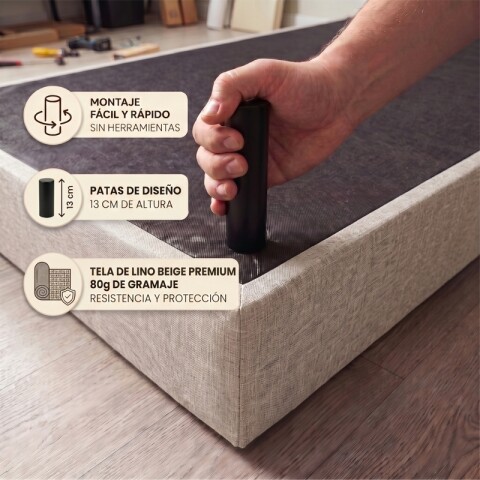 Base Box Sommier Tapizada en Lino Beige para Colchón 1 PLAZA 78 x 188 x 35 cm