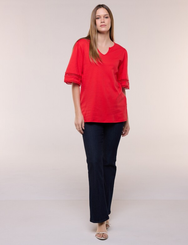 Remera De Algodón Con Detalles De Puntilla ROJO