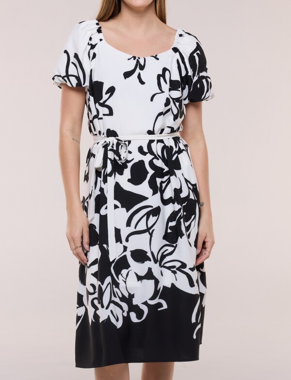Vestido Midi Con Mangas Balloon NEGRO/CRUDO