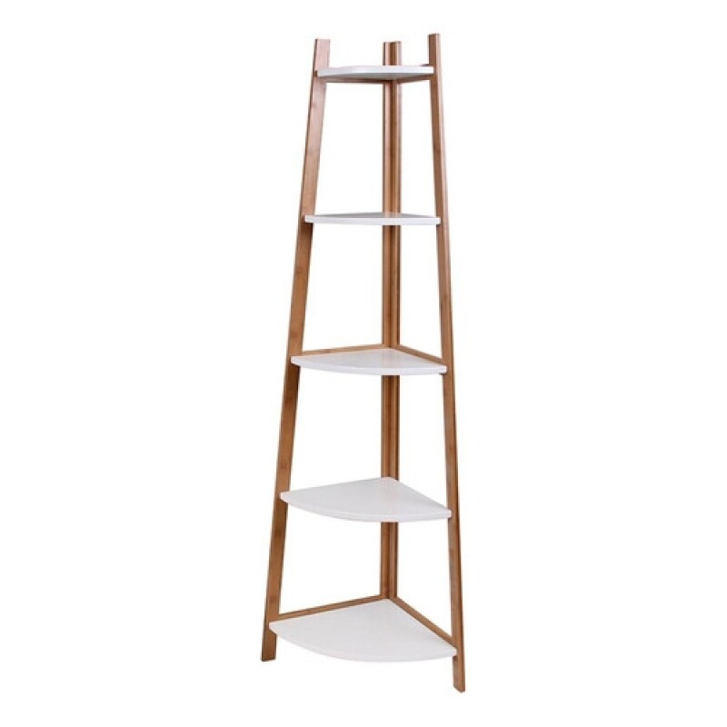 Estantería esquinero 5 niveles en blanco y madera bamboo Estantería esquinero 5 niveles en blanco y madera bamboo