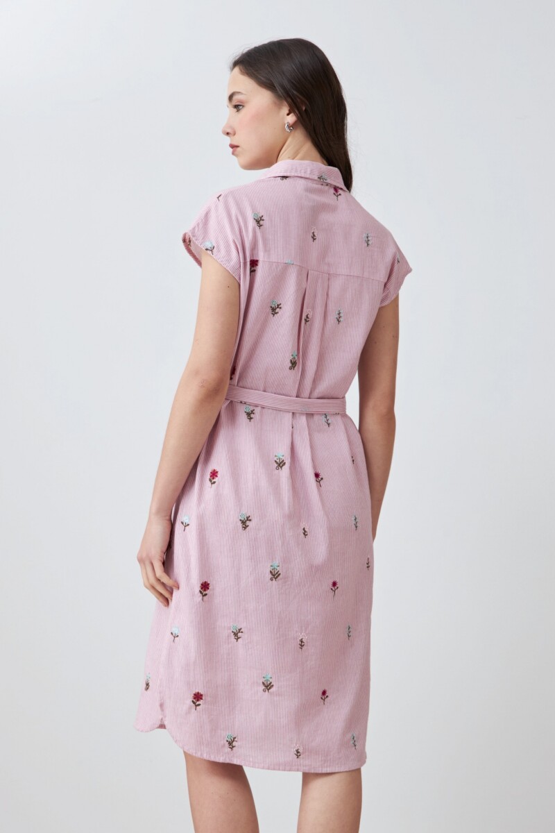 Vestido rayado con bordados florales rosa