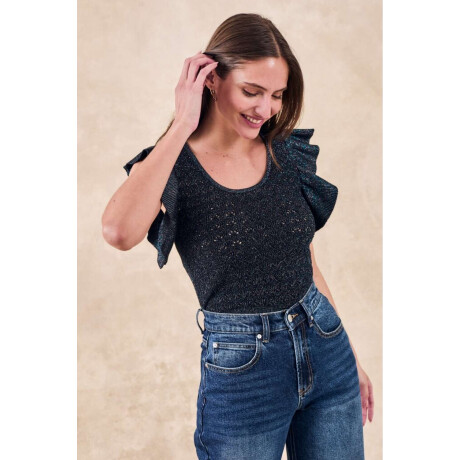 Top Metalizado Manga Volados Negro