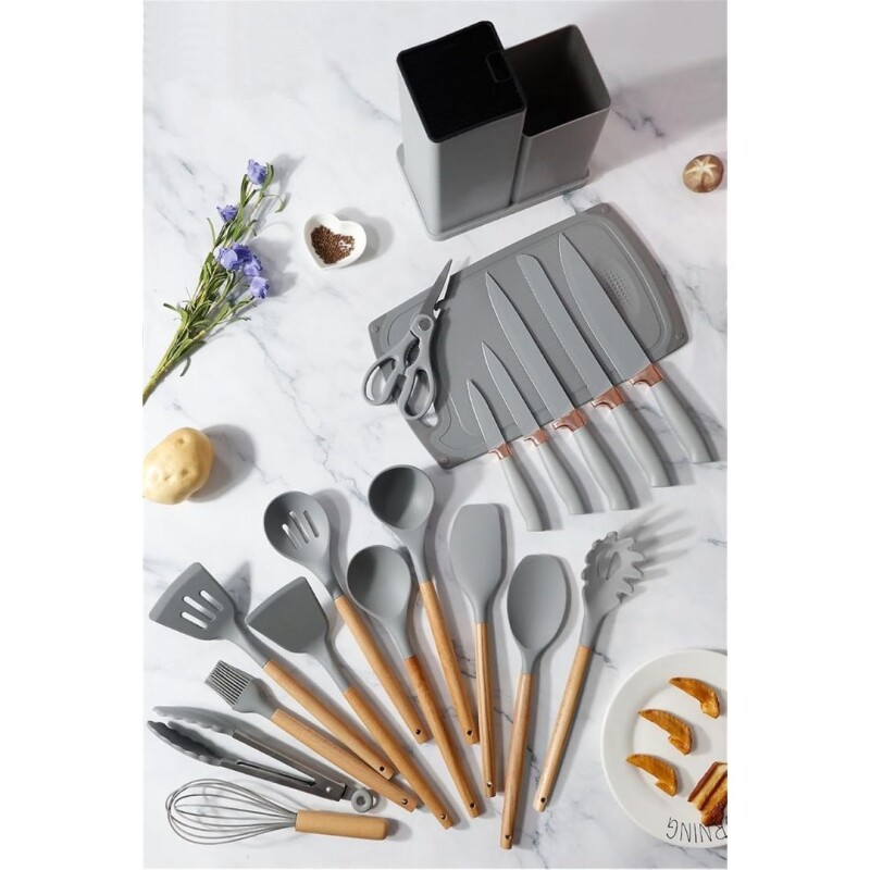 Utensilios Y Cuchillos Cocina Con Soporte Y Tabla Set 19pcs Color Gris Utensilios Y Cuchillos Cocina Con Soporte Y Tabla Set 19pcs Color Gris