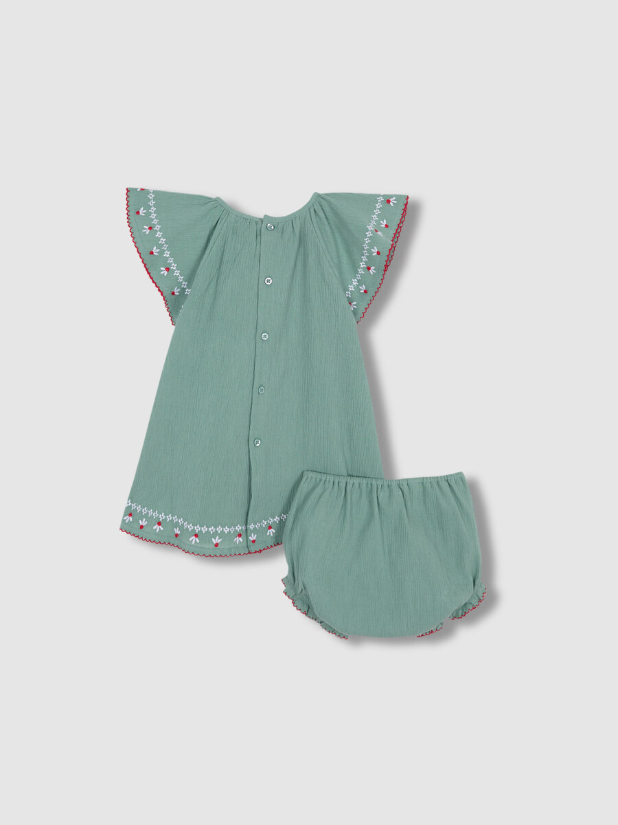 Vestido Bordados A Contraste Verde Nuevo