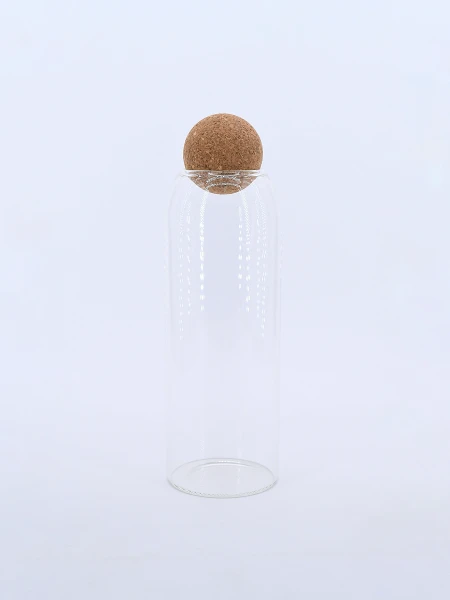 FRASCO DE VIDRIO CON TAPA DE CORCHO PLATEADO