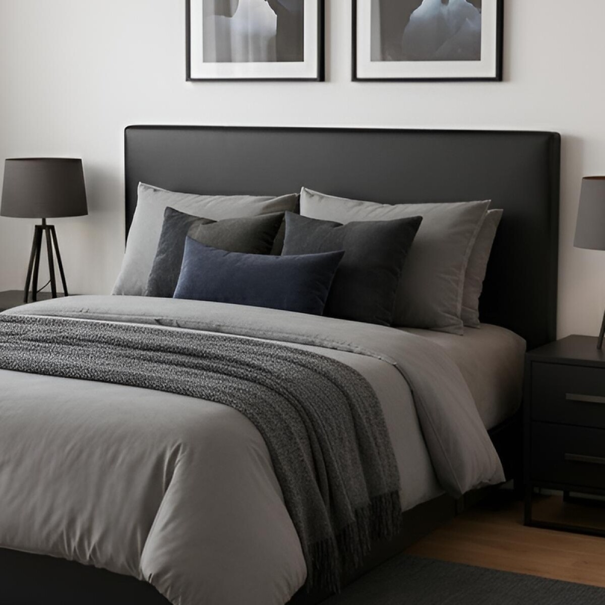 Respaldo de Cama para Dormitorio Premium 2 Plazas / Queen en Tela Negra PU 