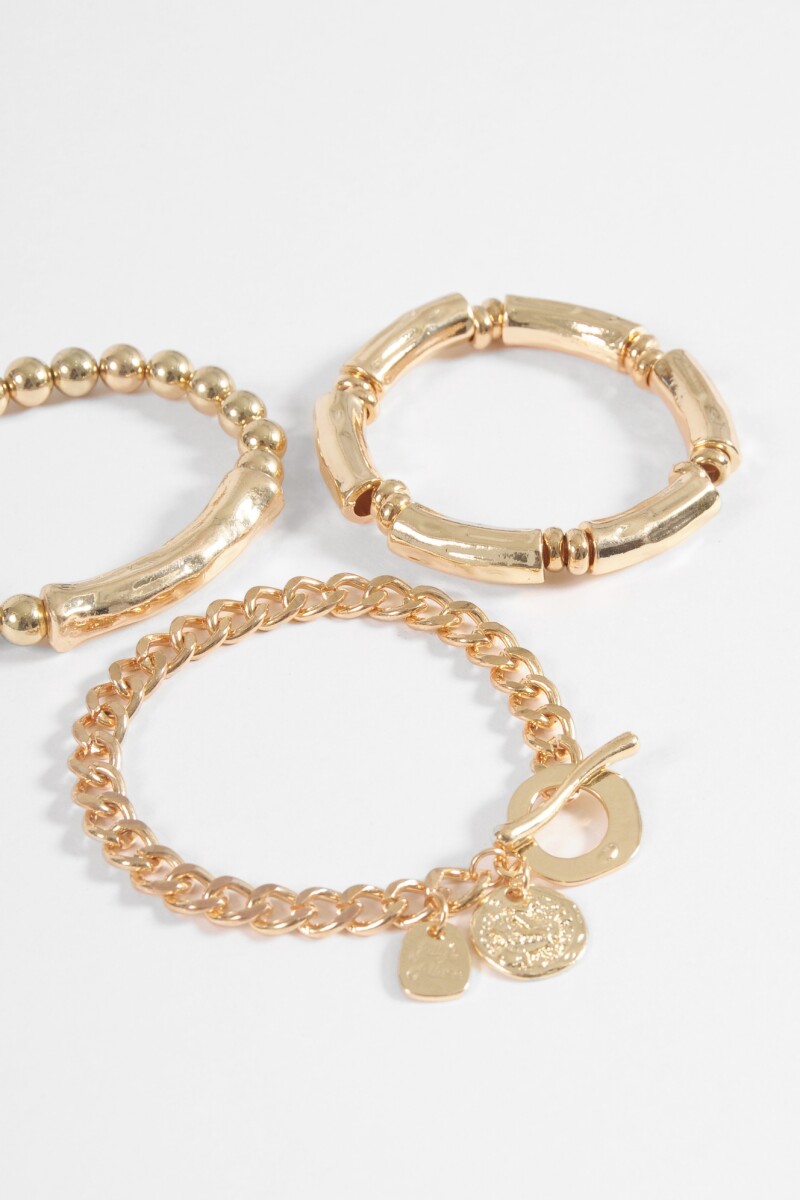 Set de 3 pulseras de cuentas dorado